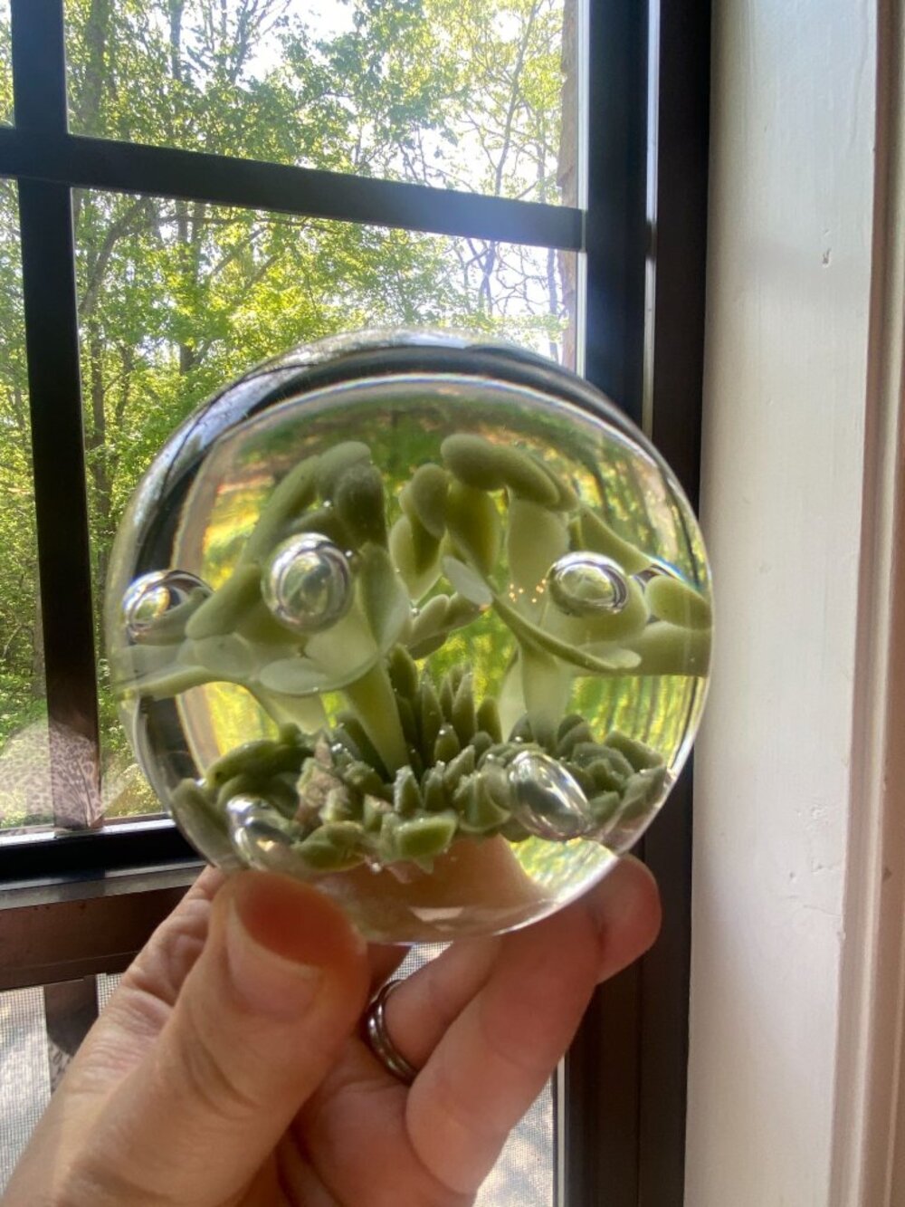 Vintage Maud & Bob St. Clair Green Floral Art Glass Paperweight